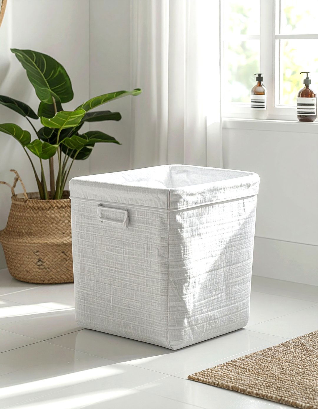 White linen laundry hamper - 30 white bathroom accessories ideas