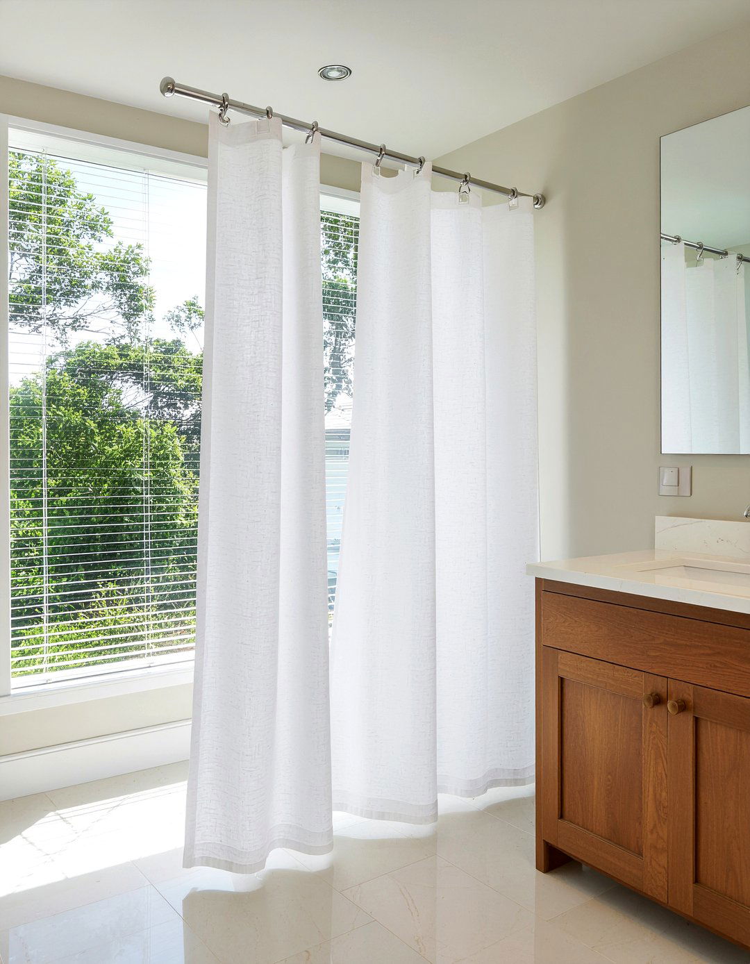 White linen shower curtain - 30 bathroom curtain ideas