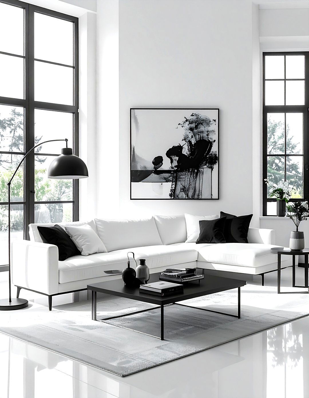 White living room black accents - 30 minimalist white living room ideas