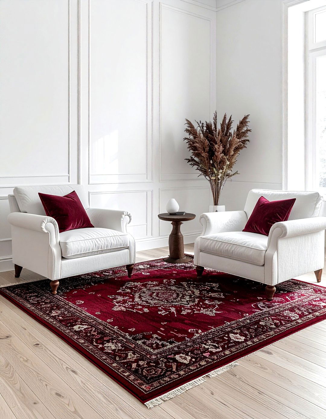 White living room burgundy rug - 30 burgundy and white living room ideas