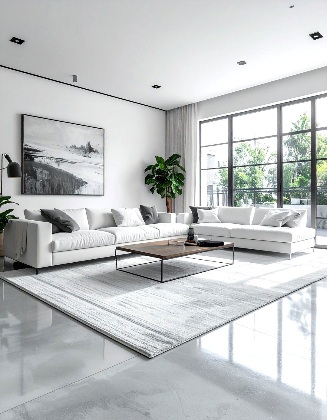 White living room concrete floor - 30 minimalist white living room ideas