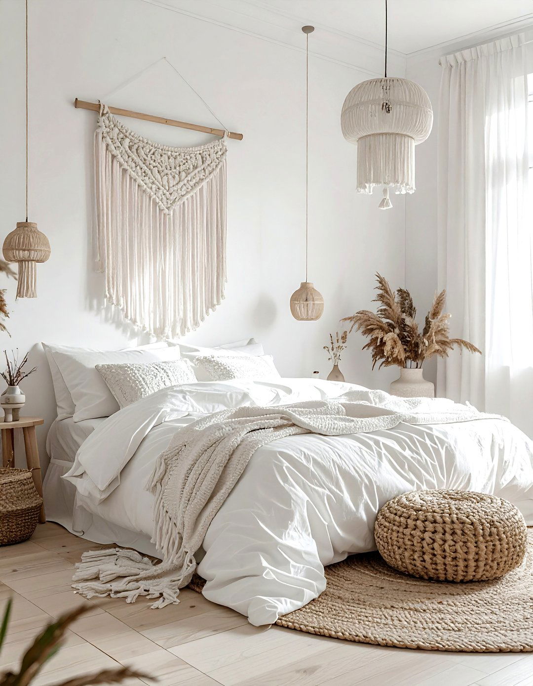 White macrame wall hanging - 30 bohemian white bedroom ideas