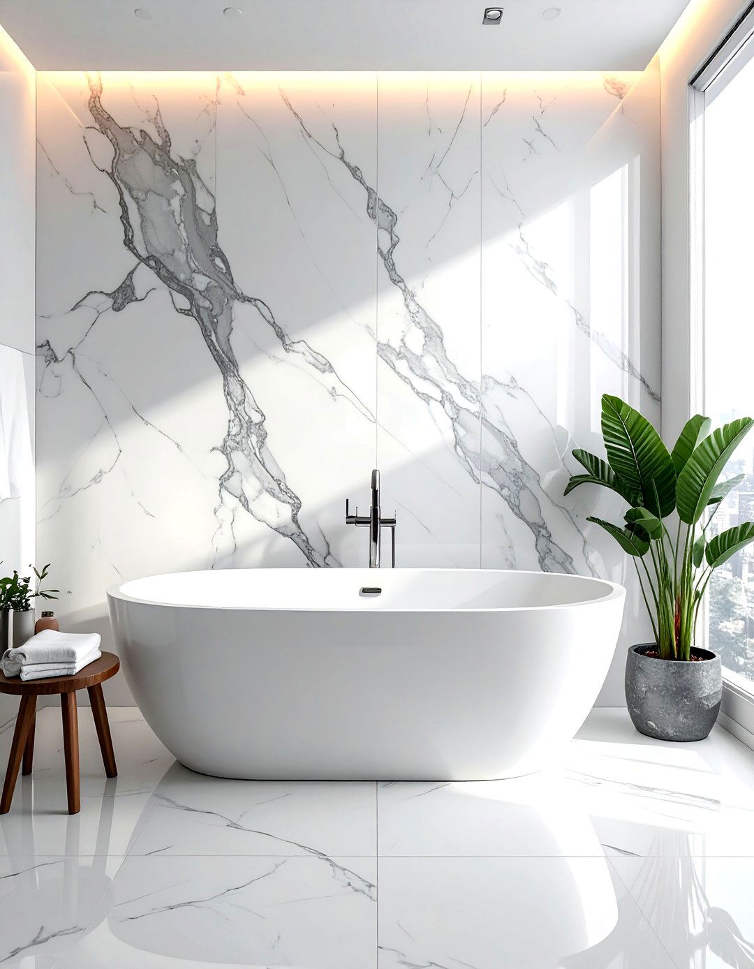 White marble accent wall - 30 white marble bathroom ideas