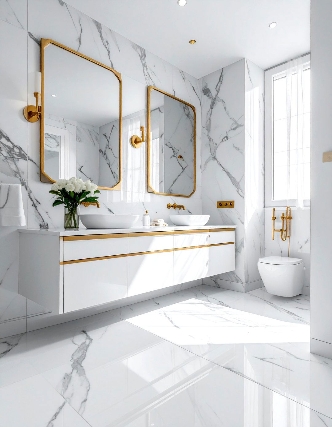 White marble and gold bathroom - 30 white marble bathroom ideas