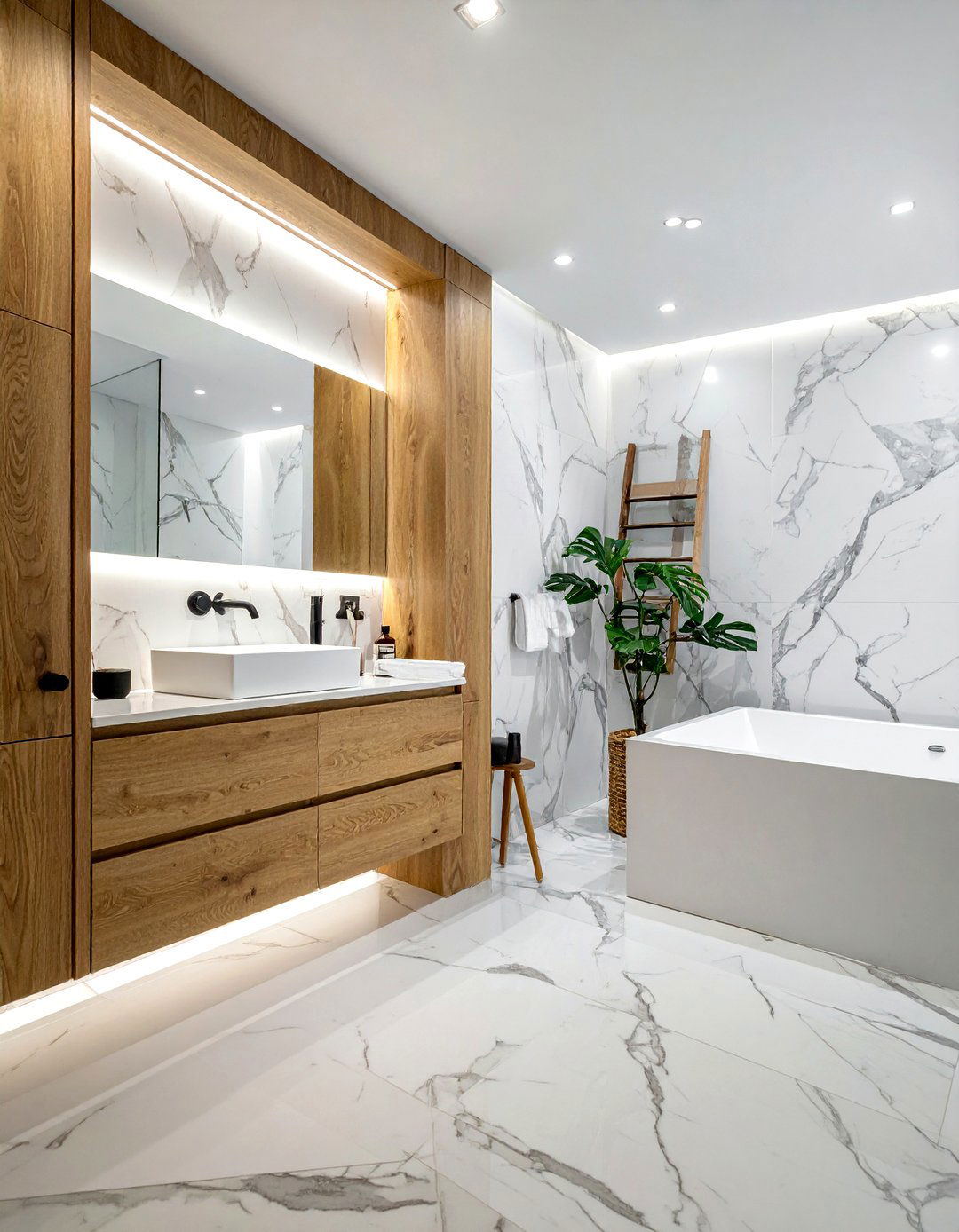 White marble and wood bathroom - 30 white marble bathroom ideas