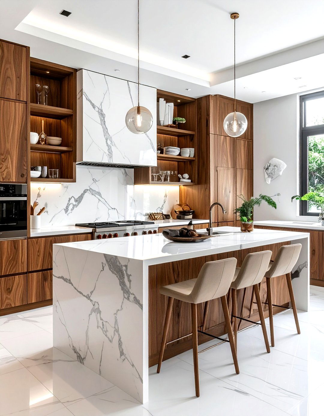 White marble and wood kitchen - 30 marble backsplash kitchen ideas