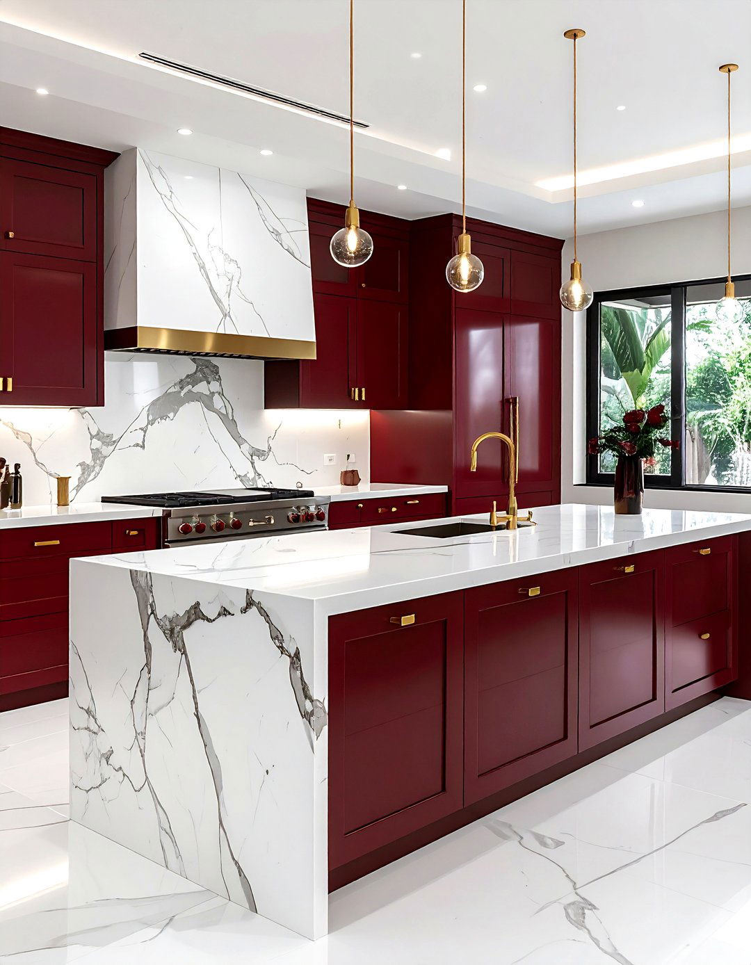 White marble backsplash burgundy cabinets - 30 burgundy and white kitchen ideas