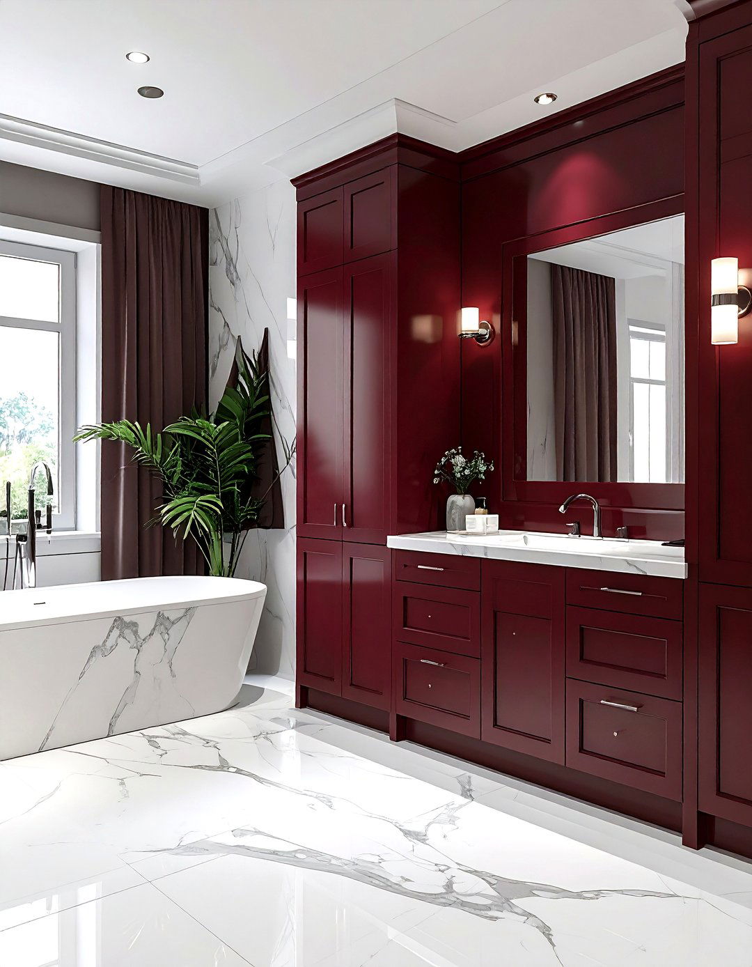 White marble bathroom burgundy cabinetry - 30 burgundy and white bathroom ideas