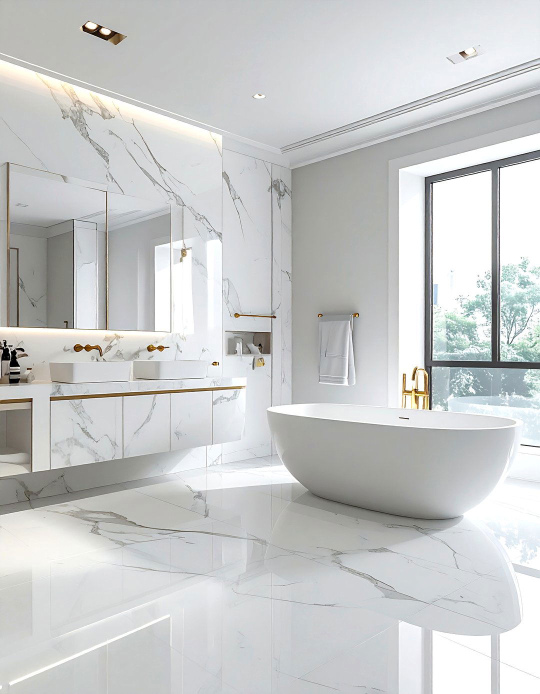 White marble bathroom gold fixtures - 30 Statuario marble bathroom ideas