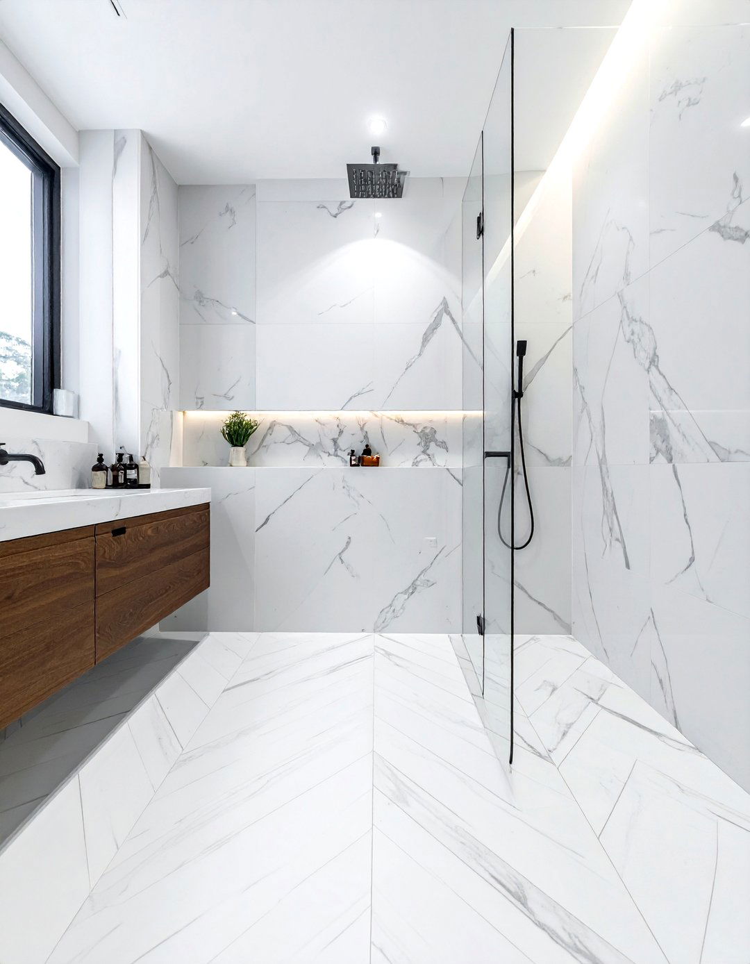 White marble chevron shower floor - 30 chevron pattern bathroom ideas