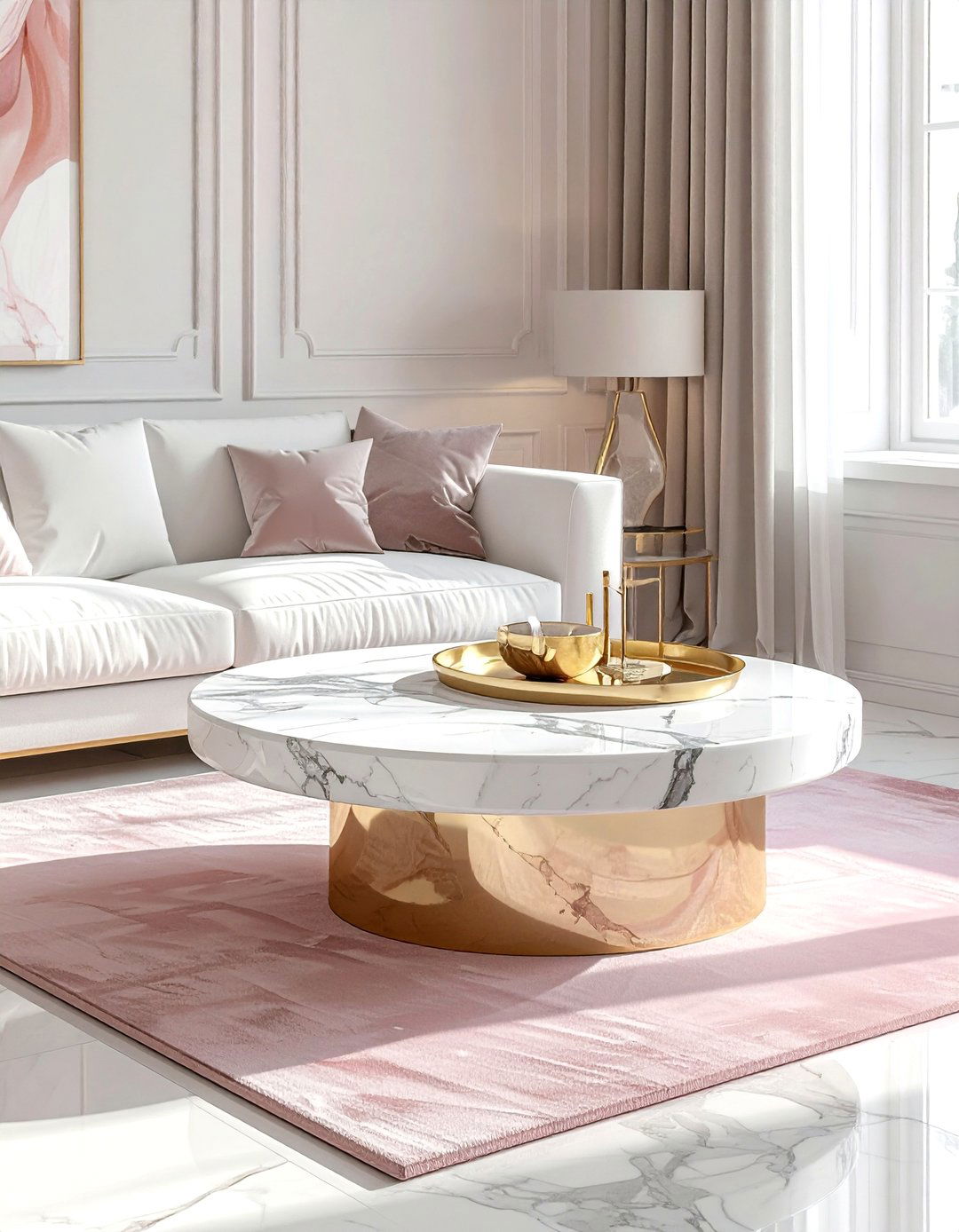 White marble coffee table - 30 blush and white living room ideas