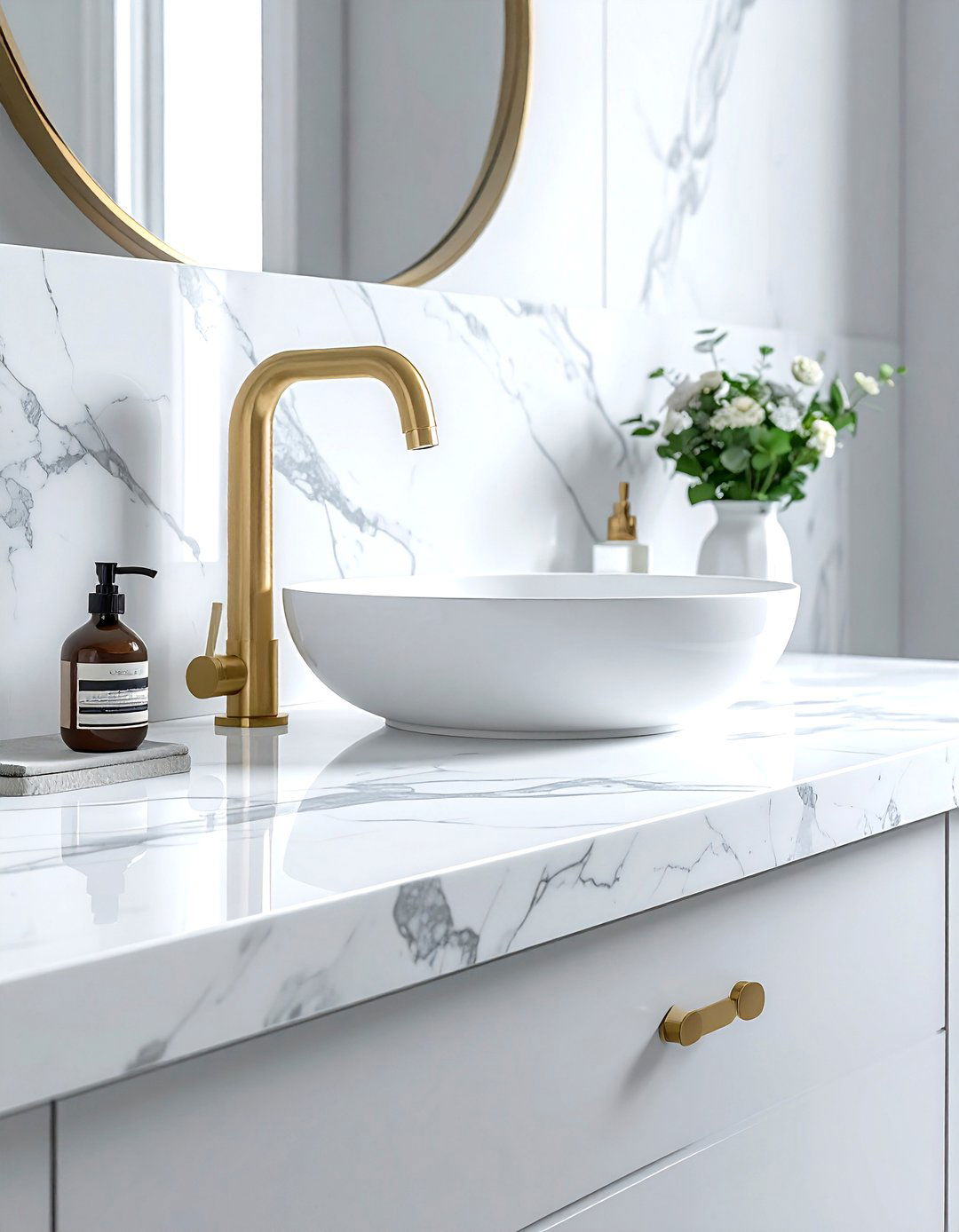 White marble countertop - 30 Fixer Upper bathroom ideas