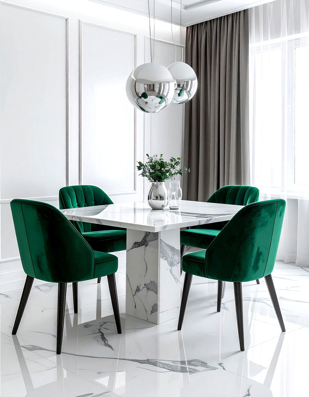 White marble dining table emerald green chairs - 30 emerald and white dining room ideas