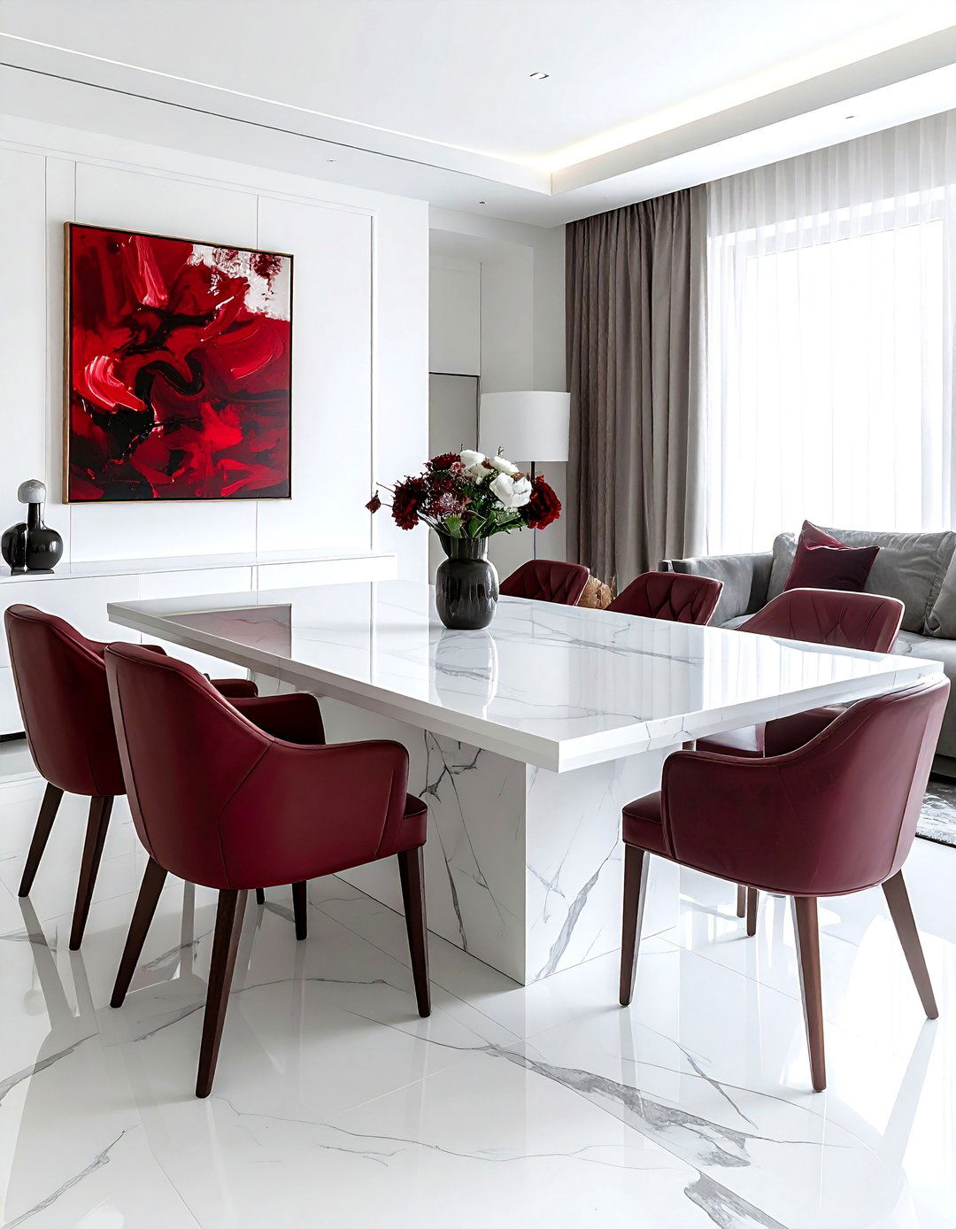 White marble dining table - 30 burgundy and white dining room ideas