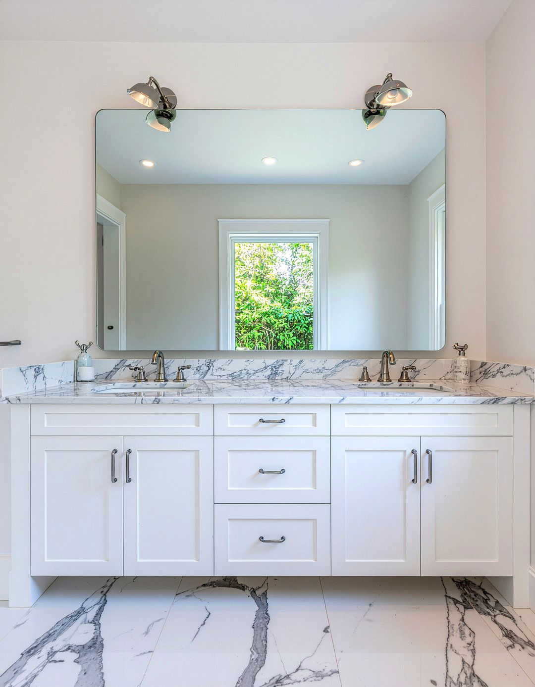White marble double vanity - 30 marble countertop bathroom ideas