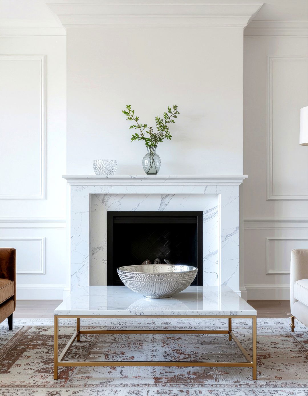 White marble fireplace - 30 living room mantel styling ideas