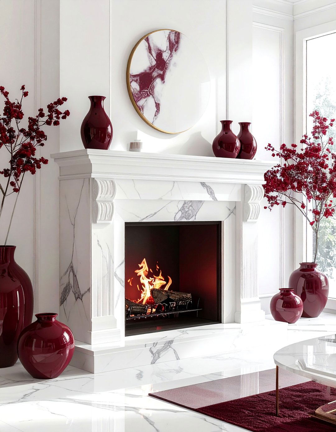 White marble fireplace burgundy accents - 30 burgundy and white living room ideas