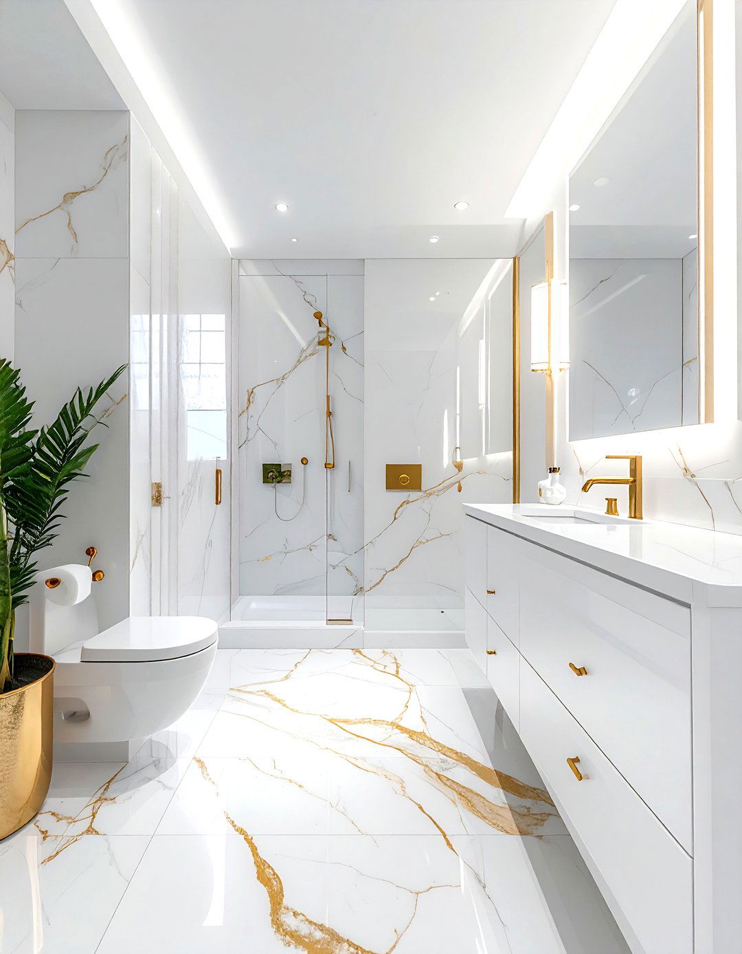 White marble floor gold bathroom - 30 gold and white bathroom ideas