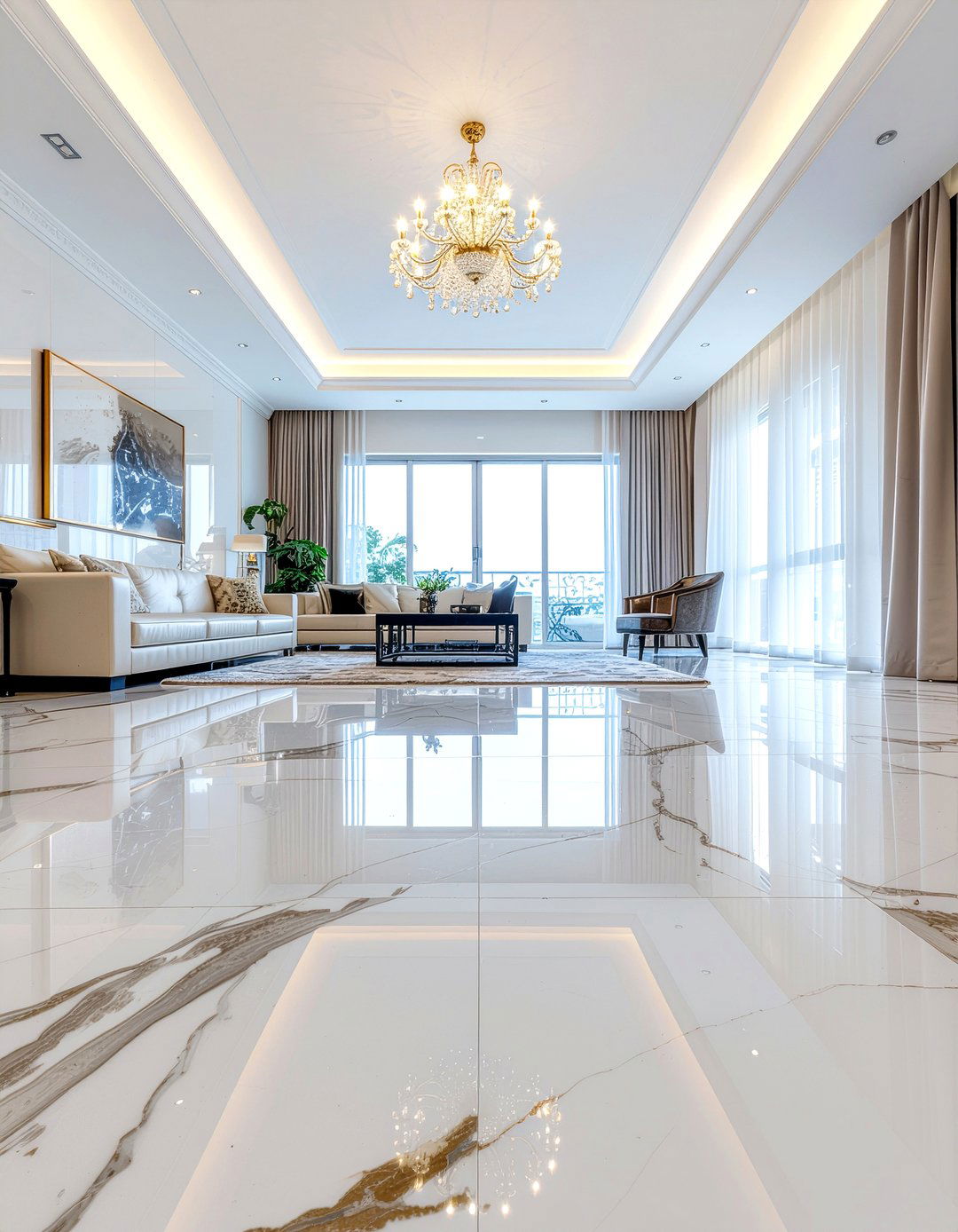 White marble flooring - 30 modern glam living room ideas