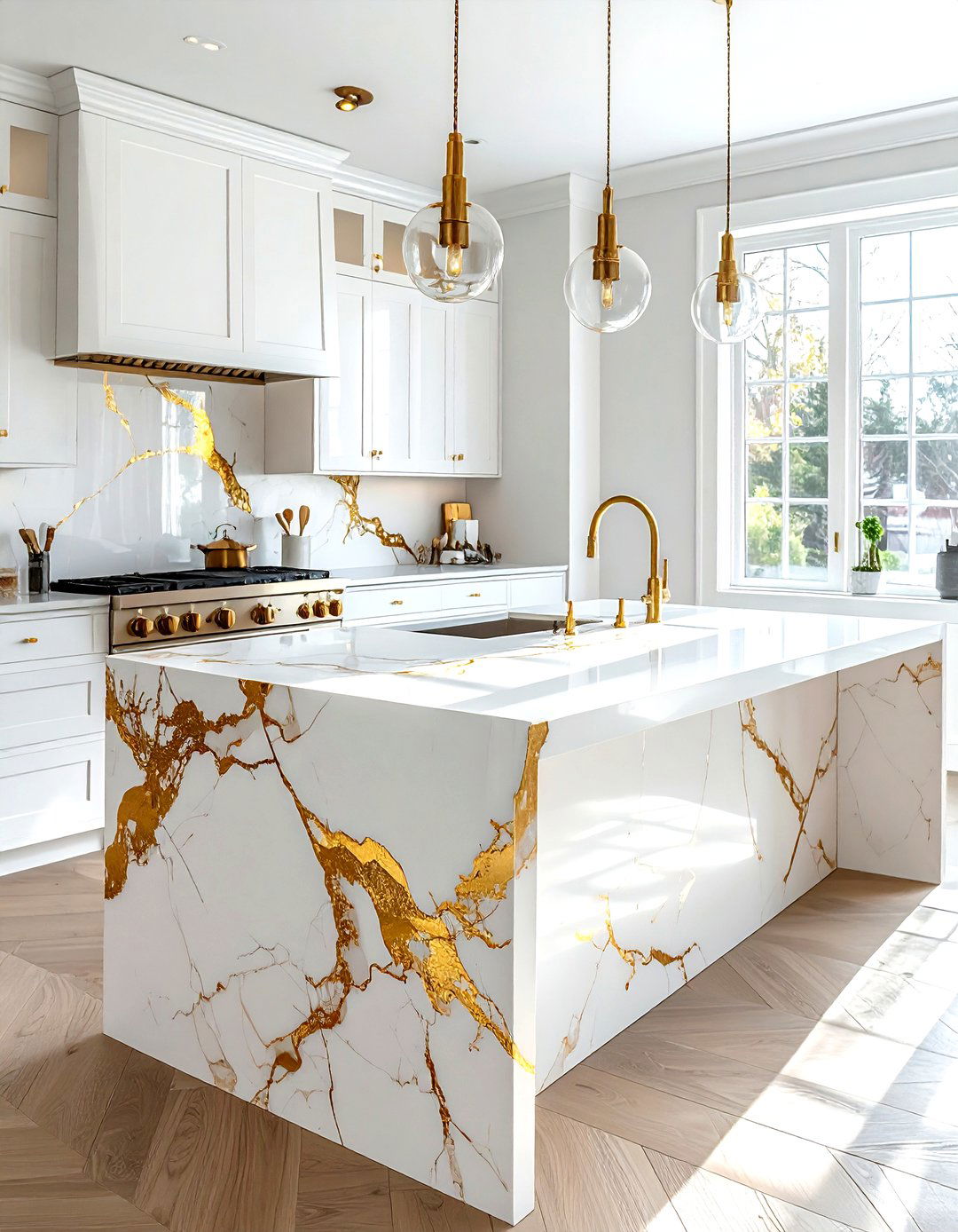 White marble gold veins - 30 gold and white kitchen ideas