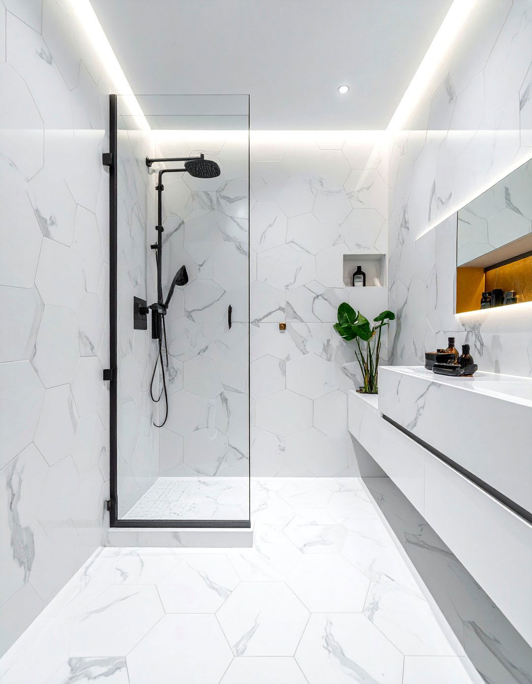 White marble hexagon shower tile - 30 white hexagon tile bathroom ideas