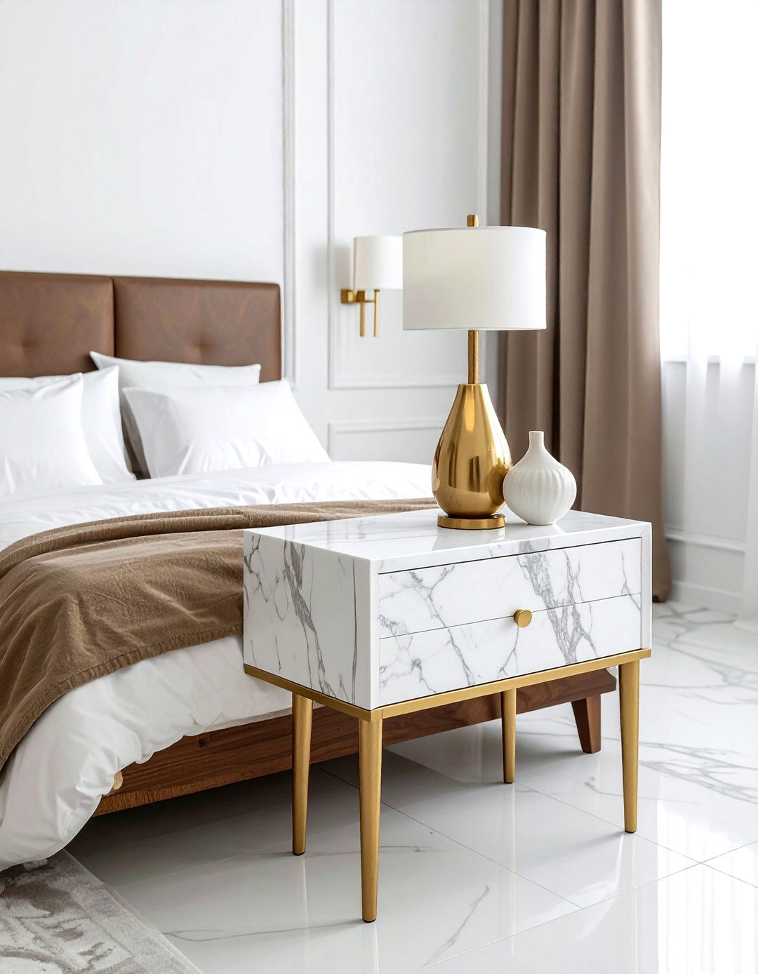 White marble nightstand bedroom - 30 mid-century glam bedroom ideas