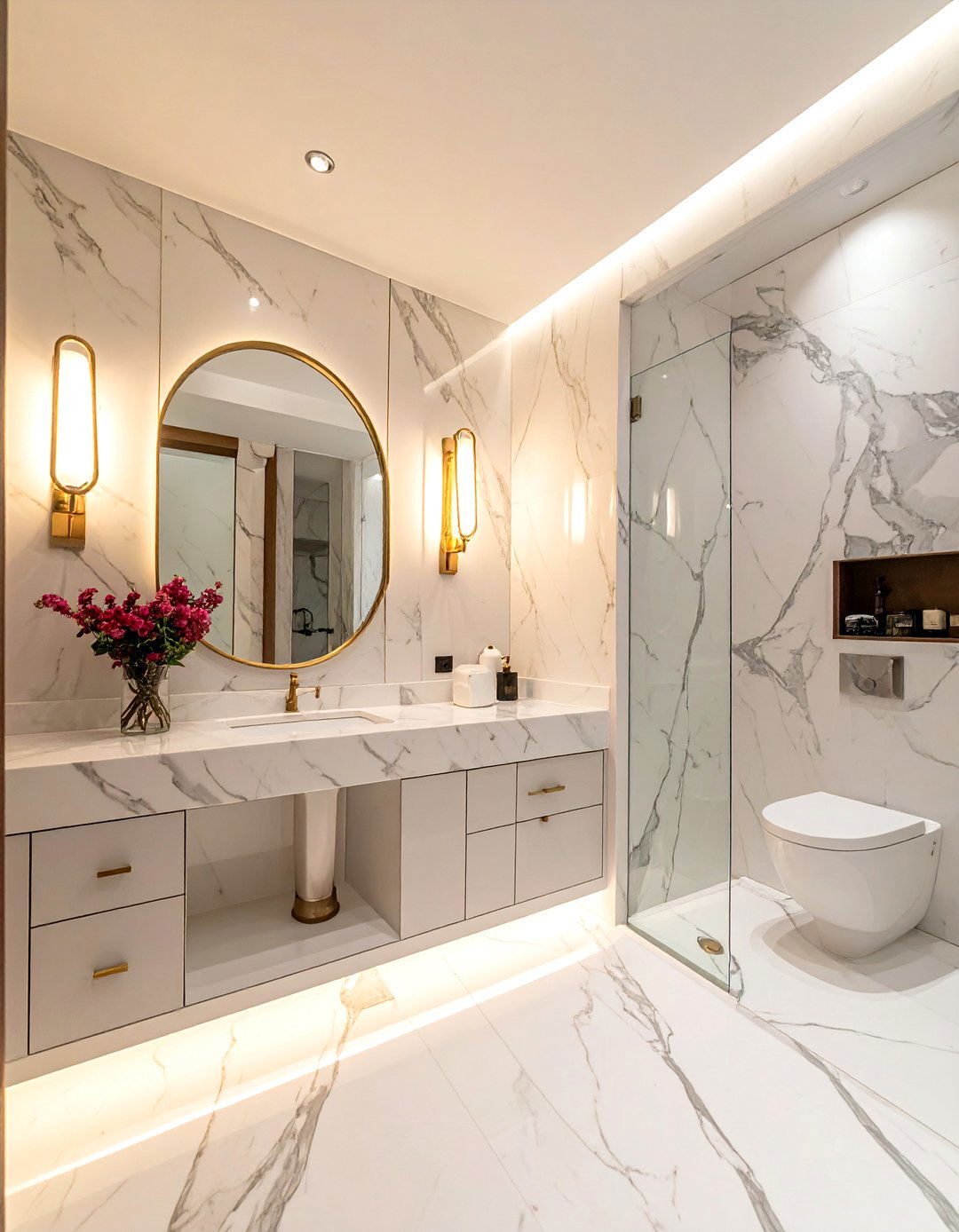White marble powder room - 30 white marble bathroom ideas