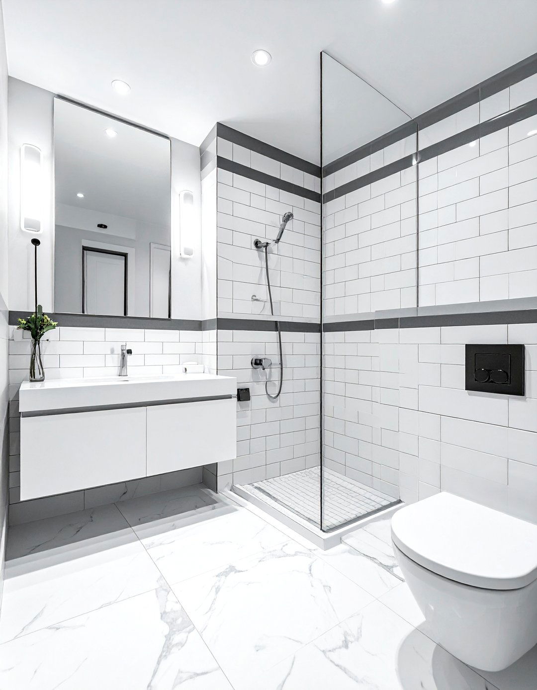 White marble subway tile - 30 white marble bathroom ideas