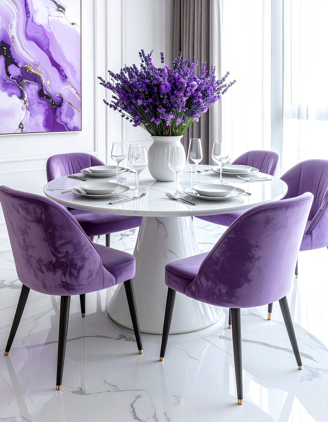 White marble table velvet chairs - 30 velvet dining room ideas