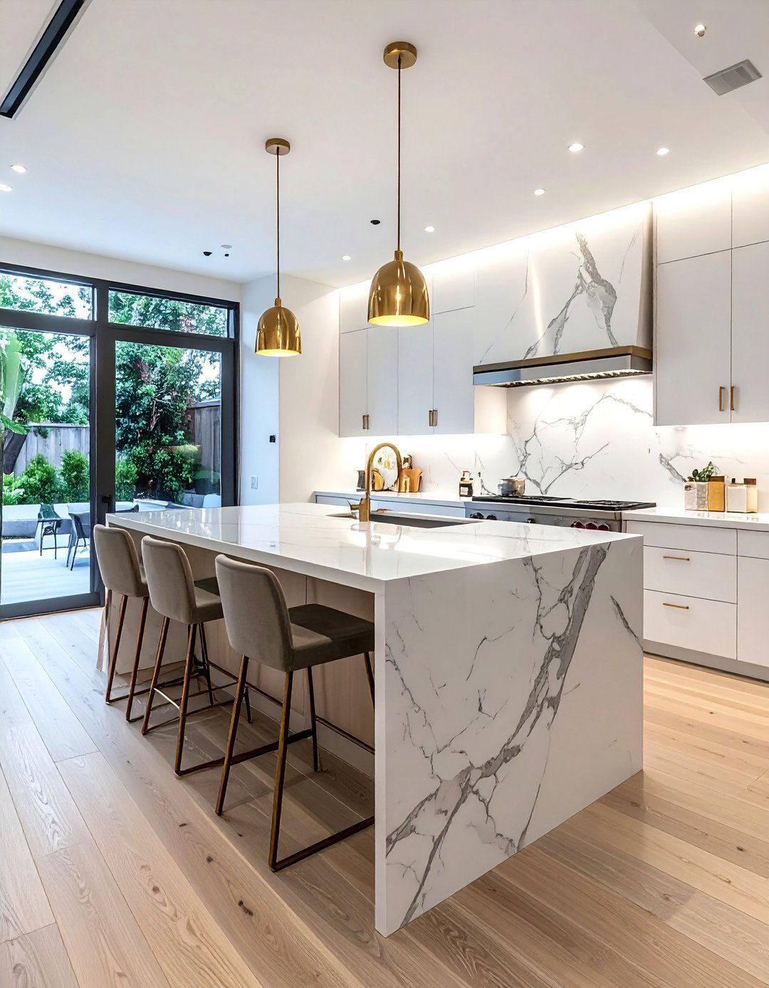 White marble waterfall island - 30 waterfall countertop kitchen ideas