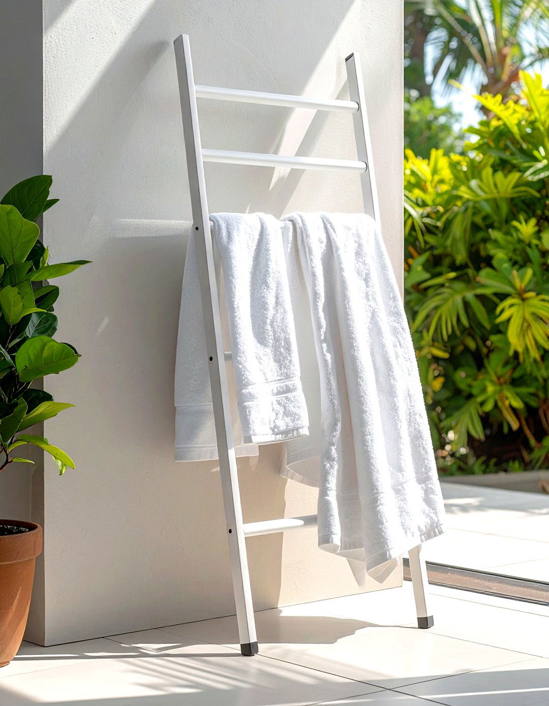 White metal towel ladder - 30 white bathroom accessories ideas