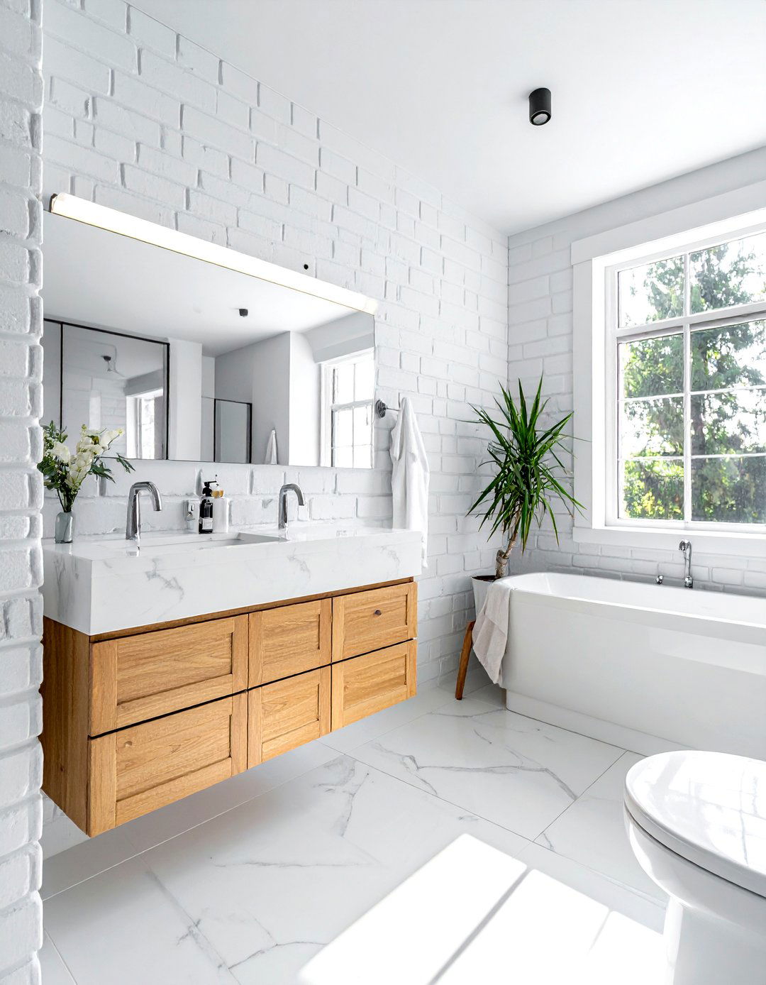 White painted brick bathroom - 30 brick accent wall bathroom ideas