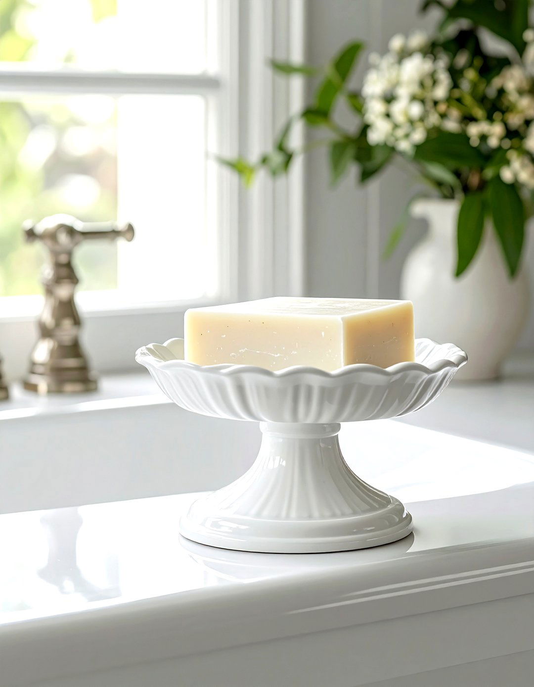 White pedestal soap dish - 30 white bathroom accessories ideas
