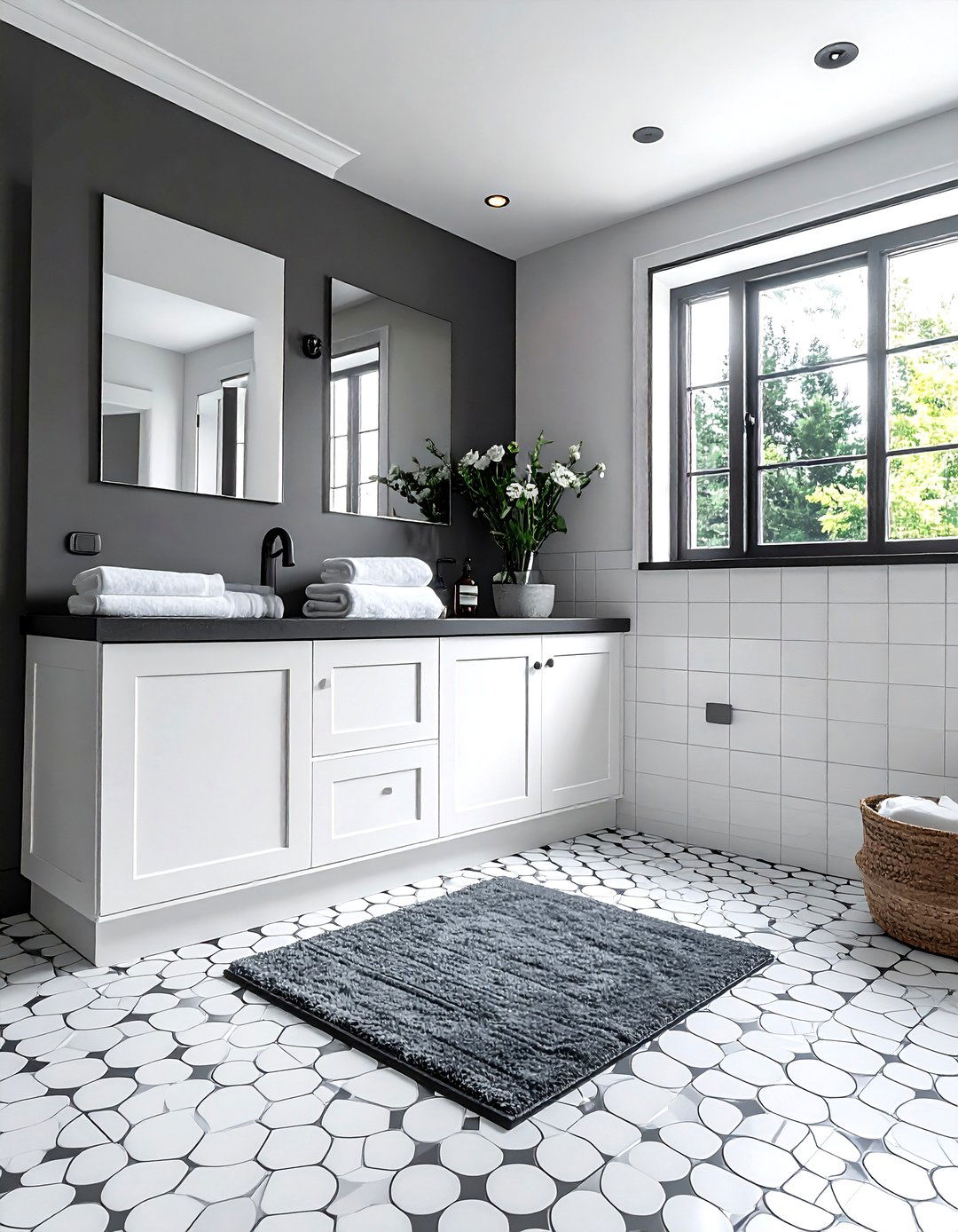 White penny tile charcoal floor - 30 charcoal and white bathroom ideas