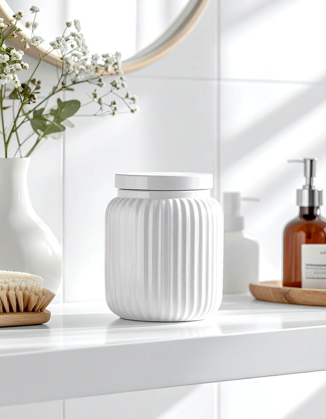 White ribbed glass jar - 30 white bathroom accessories ideas