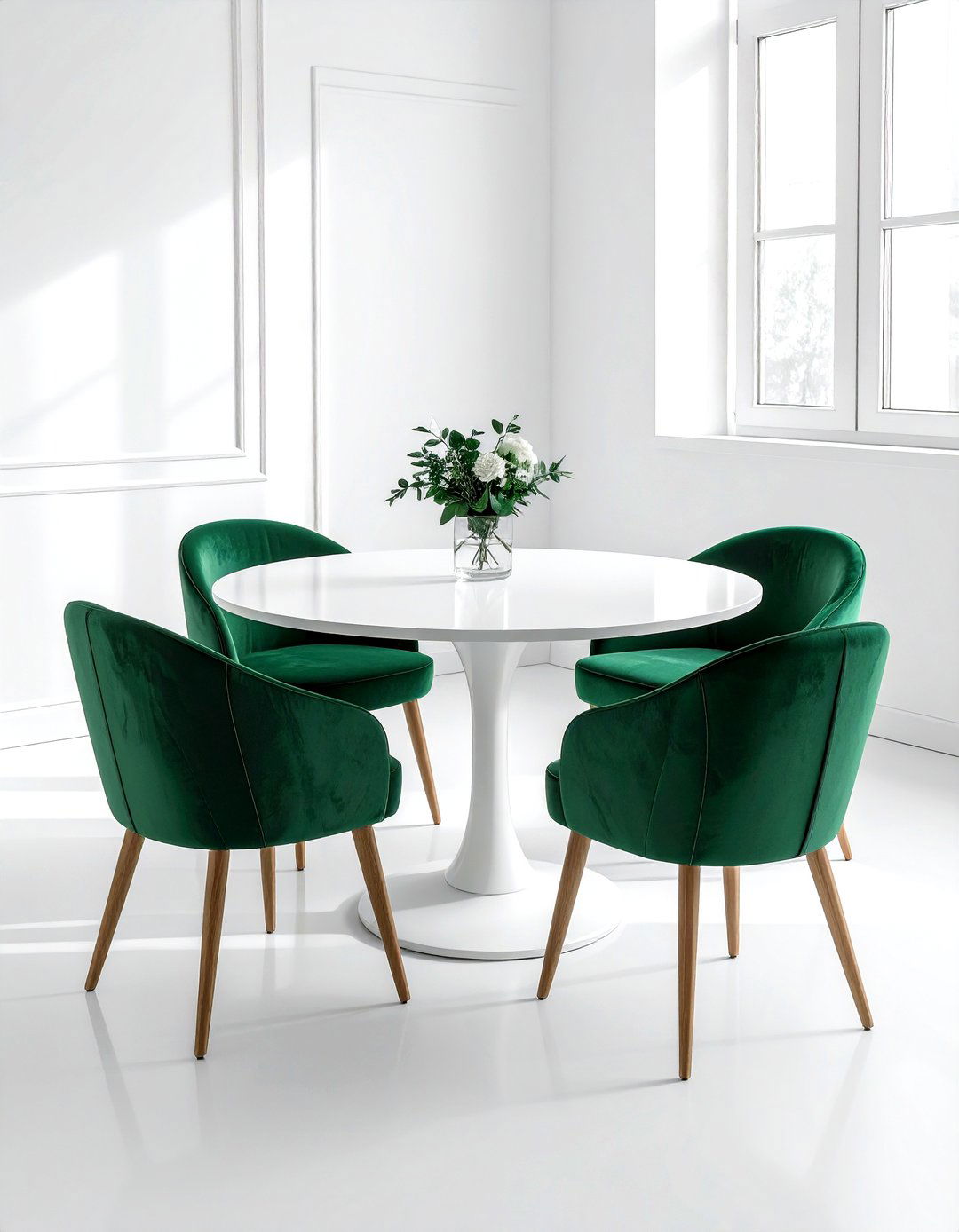 White round dining table emerald green chairs - 30 emerald and white dining room ideas