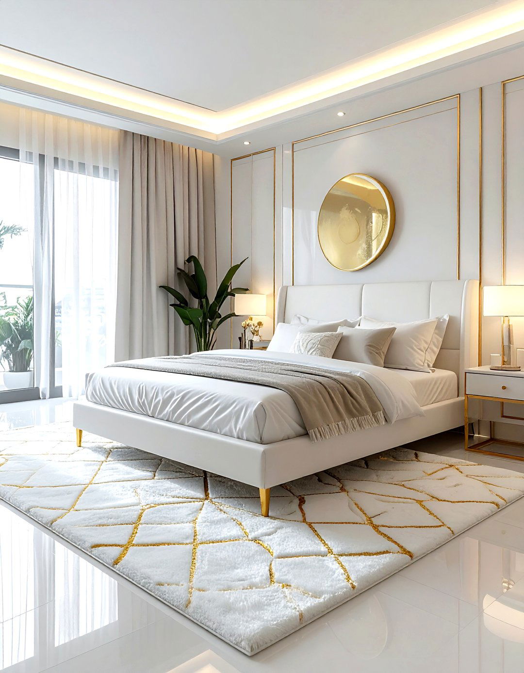 White rug gold pattern bedroom - 30 gold and white bedroom ideas