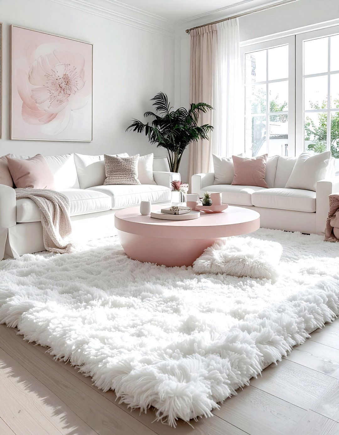 White shag rug - 30 blush and white living room ideas
