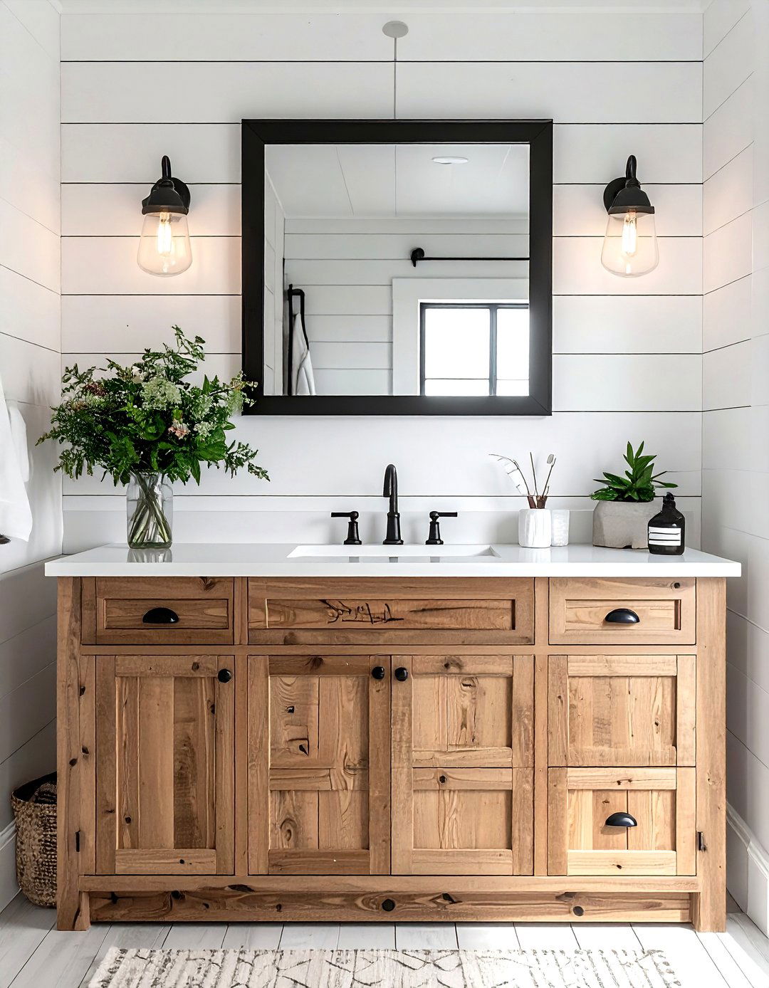 White shiplap wood vanity - 30 white and wood bathroom ideas