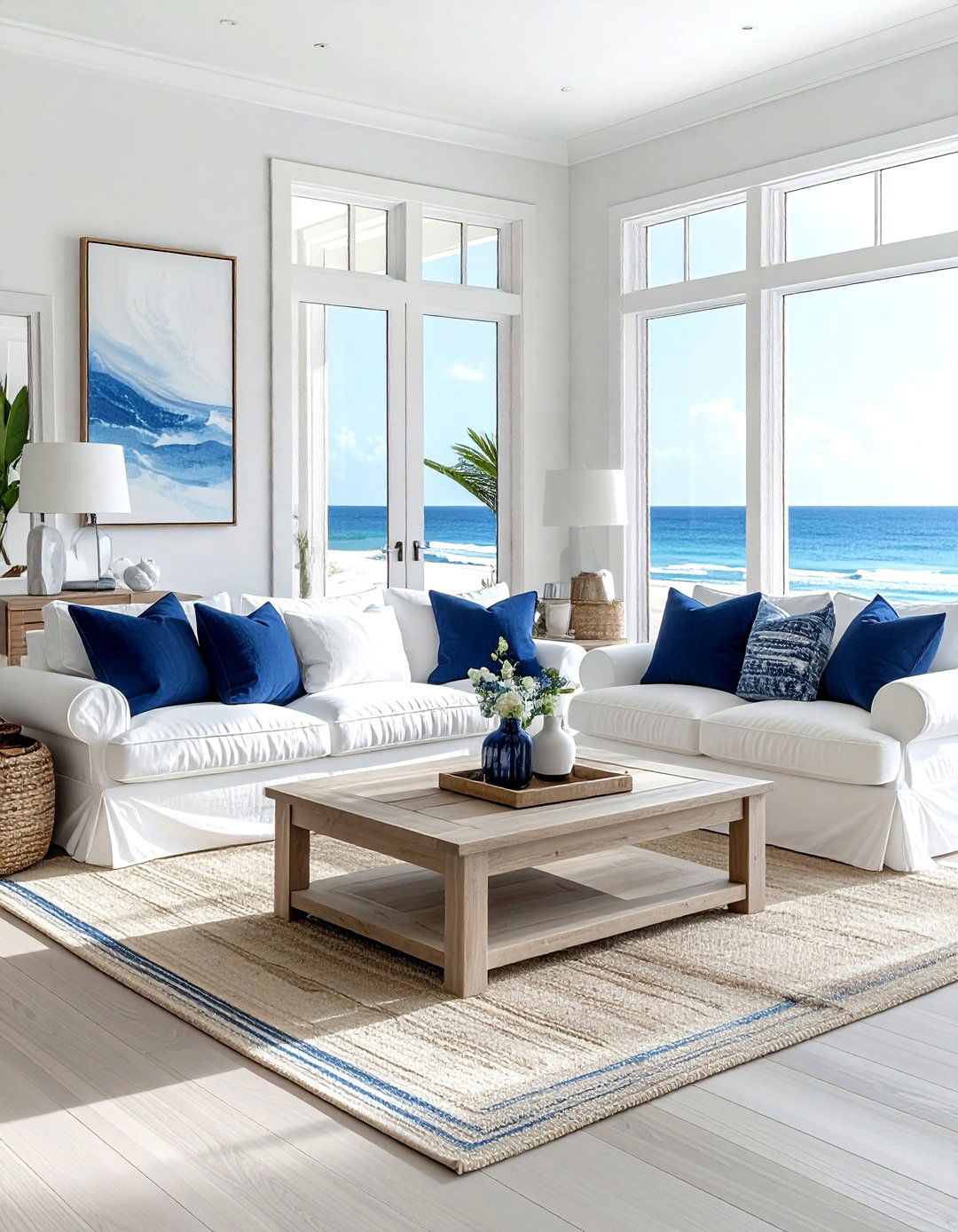 White slipcovered furniture - 30 coastal navy living room ideas