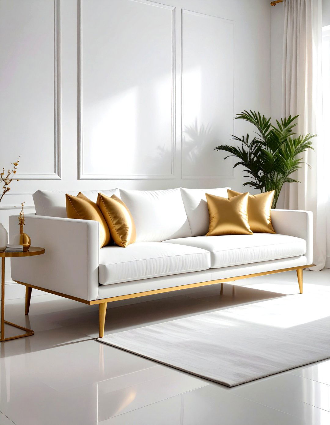 White sofa with gold legs - 30 gold and white living room ideas
