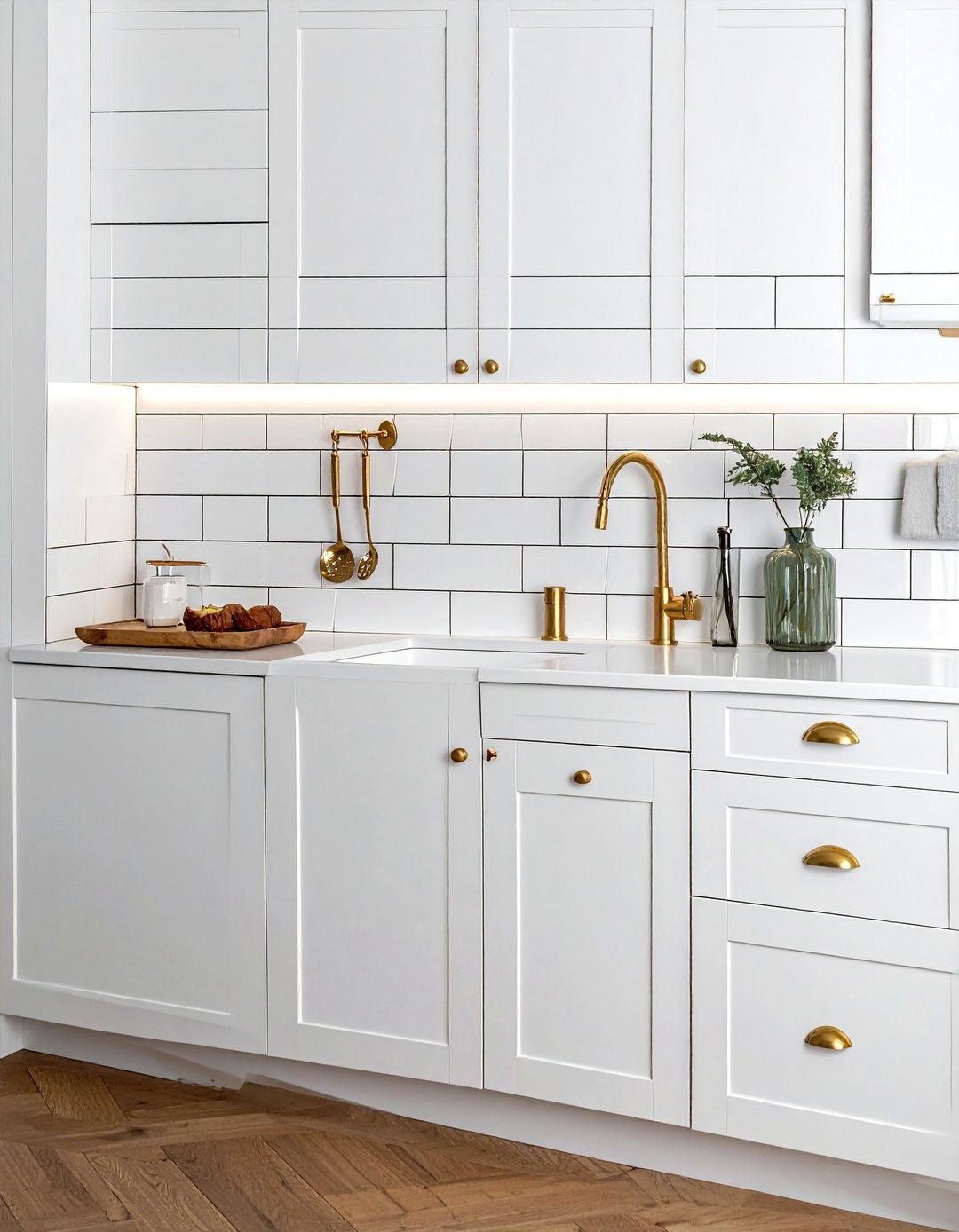 White subway tile brass hardware - 30 white subway tile kitchen ideas