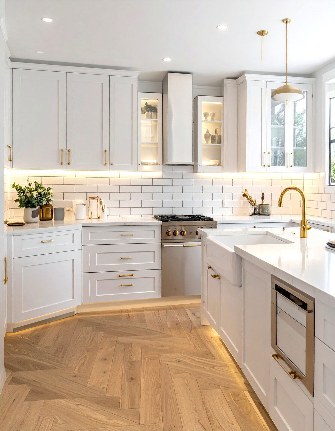White subway tile gold accents - 30 white subway tile kitchen ideas