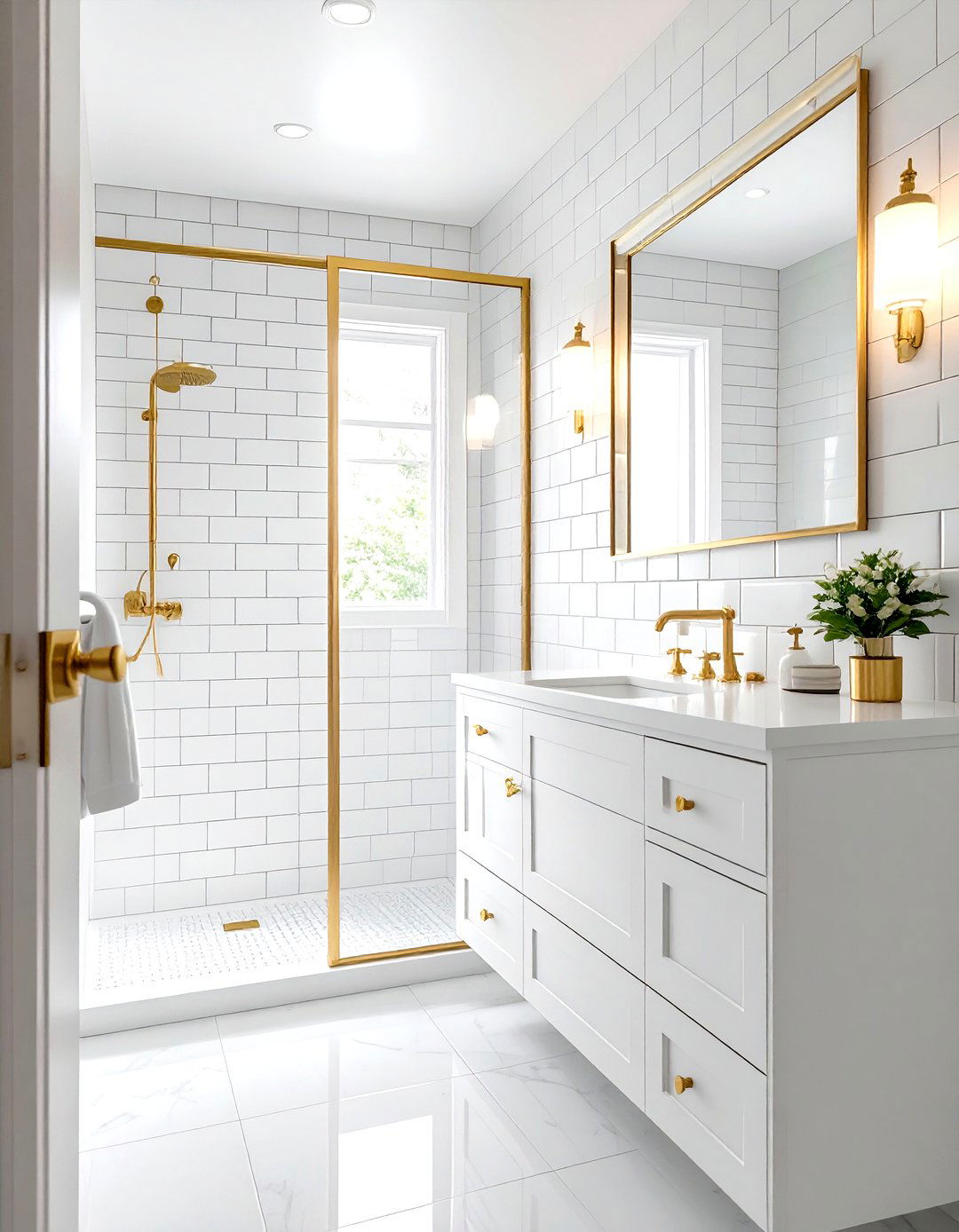 White subway tile gold bathroom - 30 gold and white bathroom ideas