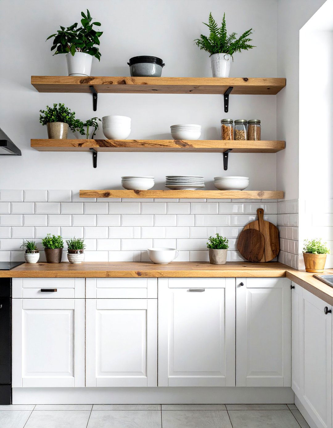White subway tile wood shelves - 30 white subway tile kitchen ideas
