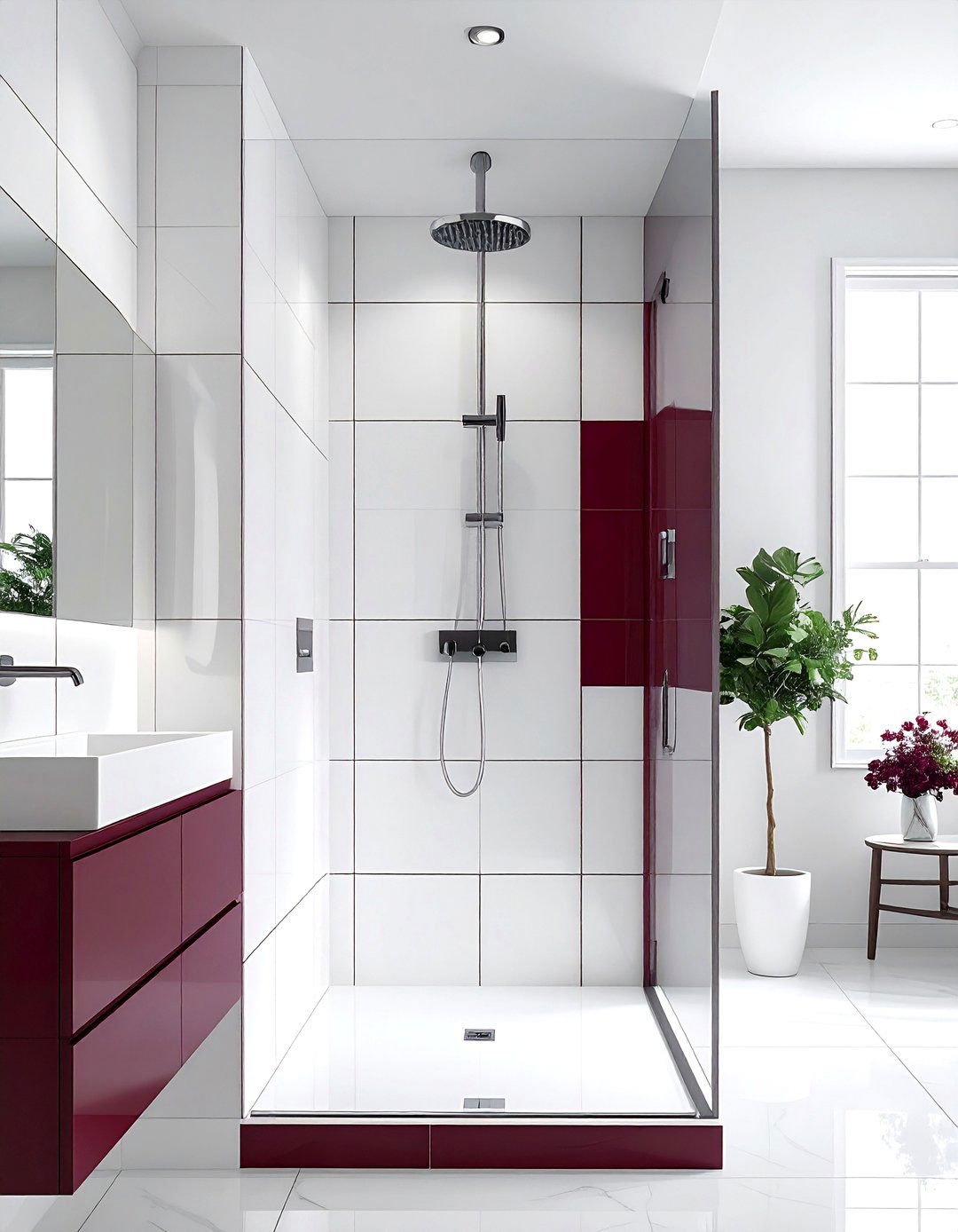 White tile burgundy grout - 30 burgundy and white bathroom ideas