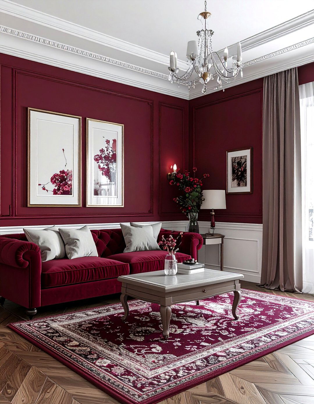 White wainscoting burgundy walls - 30 burgundy and white living room ideas