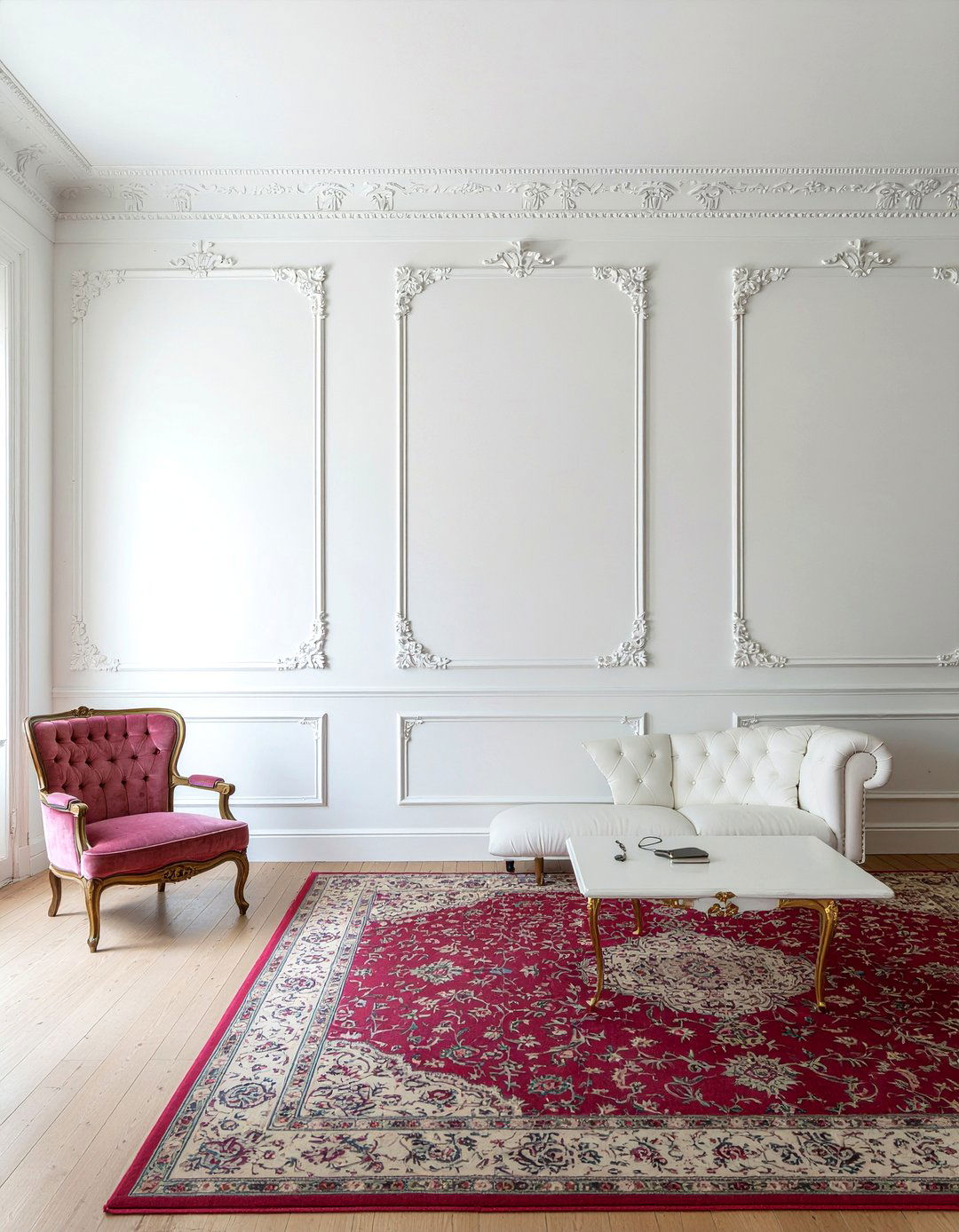 White walls with ornate molding - 30 Parisian living room ideas