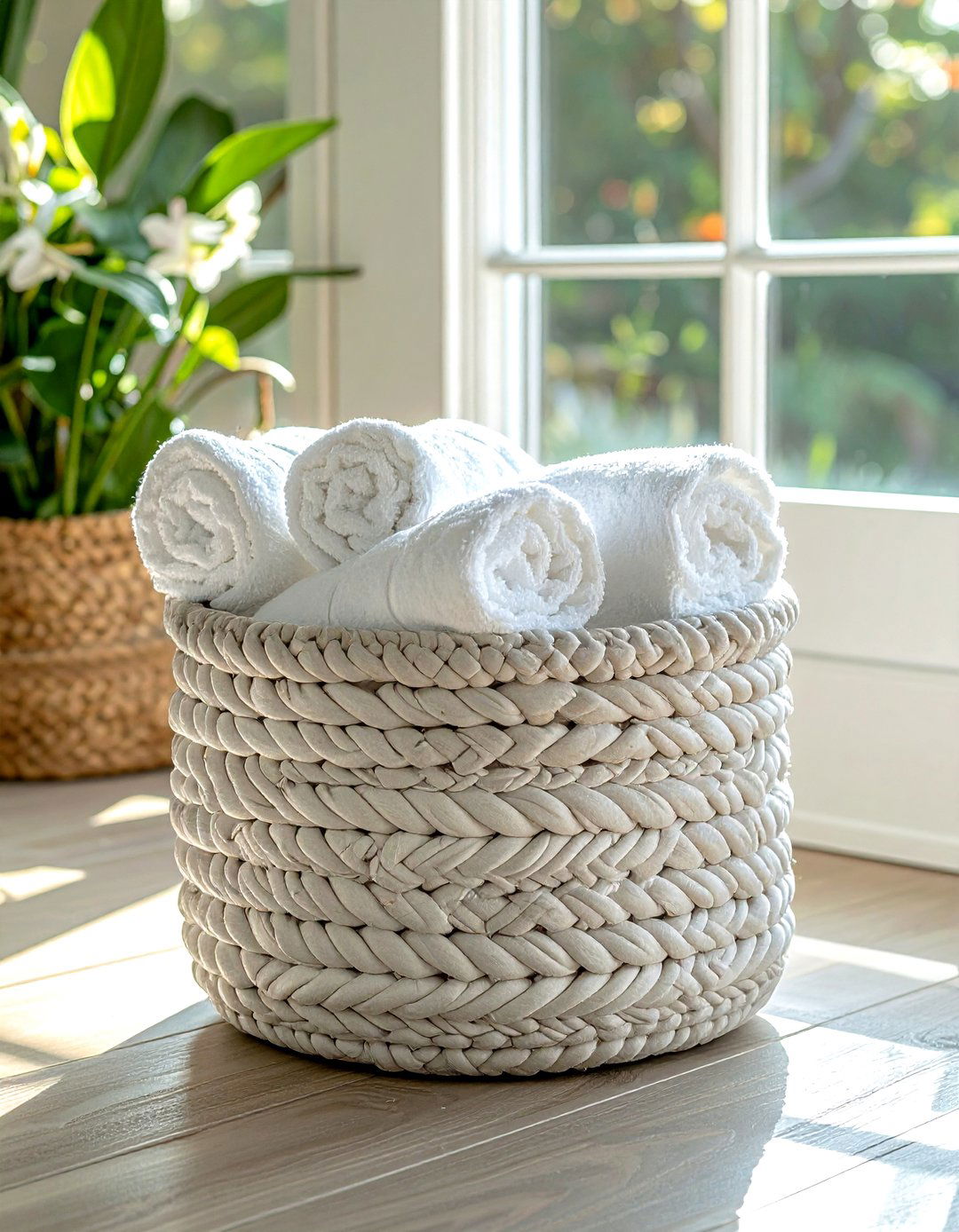 White woven storage basket - 30 white bathroom accessories ideas