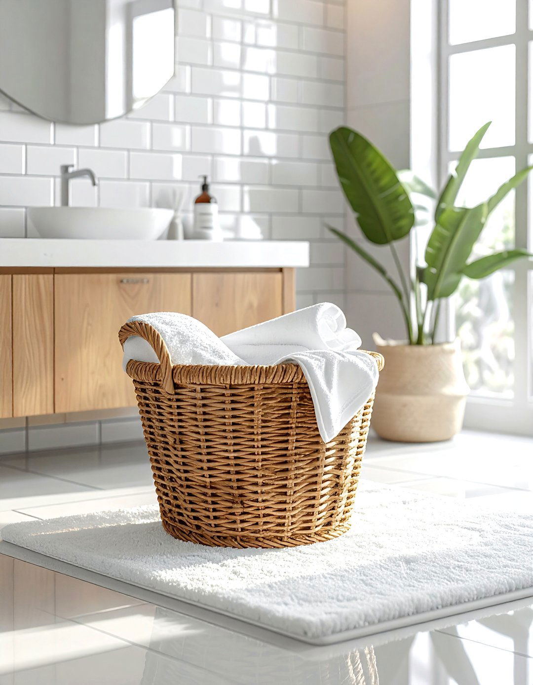 Wicker Basket In Tiled Bathroom - 30 mixed texture decor ideas